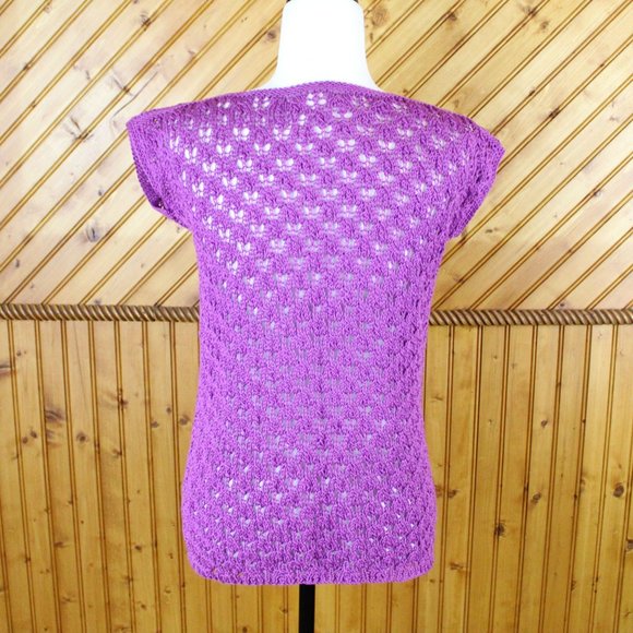 Purple Open Stitch Sweater Short Sleeve Handknit Handmade Small Knit Fall CA123 - Picture 3 of 9